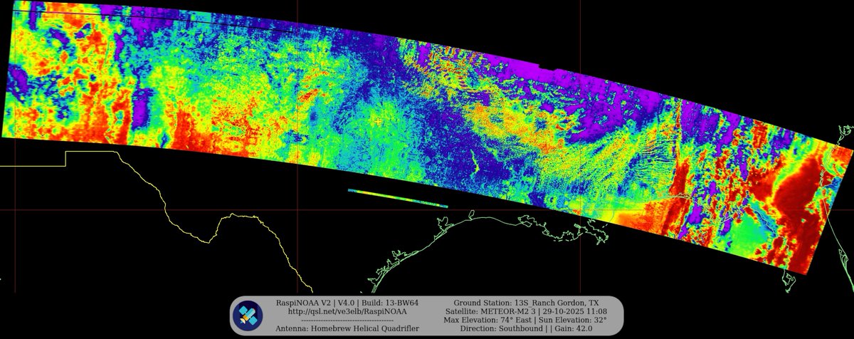 KB5ZUR's tweet image. Ground Station: 13S_Ranch Gordon, TX METEOR-M2 3 29-10-2025 10:50 CDT  Max Elev: 74° E Sun Elevation: 32° Gain: 42.0 | Southbound

#NOAA #NOAA15 #NOAA18 #NOAA19 #MeteorM2_3 #MeteorM2_4 #weather #weathersats #APT #LRPT #wxtoimg #MeteorDemod #rtlsdr #gpredict #raspberrypi #RN2 #ISS