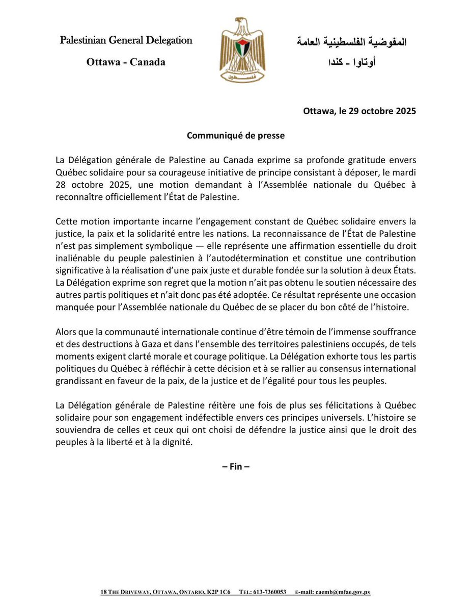 PalestineInCa's tweet photo. La Délégation g��nérale de #Palestine  au Canada salue l’initiative de #Québec solidaire pour la reconnaissance de l’État de Palestine.
@RubaGhazalQS @QuebecSolidaire https://t.co/iZxPBqVnkH