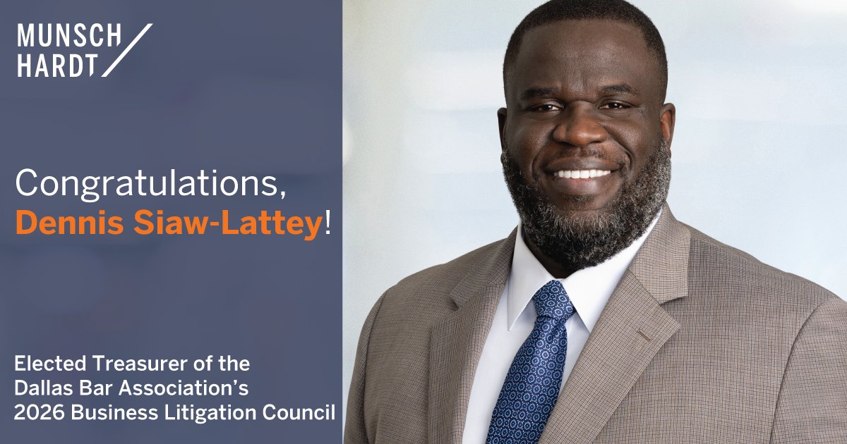 Munsch_Hardt's tweet image. Dallas Litigation Shareholder Dennis Siaw-Lattey was recently elected Treasurer of the Dallas Bar Association&apos;s Business Litigation Council for 2026. Congratulations to Dennis on this achievement! #LitigationAttorney #DBA #MunschHardt