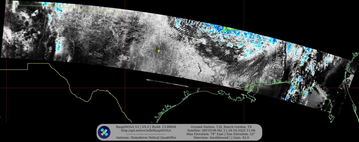 KB5ZUR's tweet image. Ground Station: 13S_Ranch Gordon, TX METEOR-M2 3 29-10-2025 10:50 CDT  Max Elev: 74° E Sun Elevation: 32° Gain: 42.0 | Southbound

#NOAA #NOAA15 #NOAA18 #NOAA19 #MeteorM2_3 #MeteorM2_4 #weather #weathersats #APT #LRPT #wxtoimg #MeteorDemod #rtlsdr #gpredict #raspberrypi #RN2 #ISS