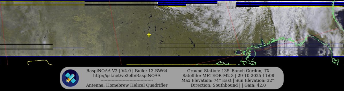 KB5ZUR's tweet image. Ground Station: 13S_Ranch Gordon, TX METEOR-M2 3 29-10-2025 10:50 CDT  Max Elev: 74° E Sun Elevation: 32° Gain: 42.0 | Southbound

#NOAA #NOAA15 #NOAA18 #NOAA19 #MeteorM2_3 #MeteorM2_4 #weather #weathersats #APT #LRPT #wxtoimg #MeteorDemod #rtlsdr #gpredict #raspberrypi #RN2 #ISS