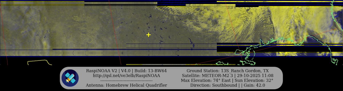 KB5ZUR's tweet image. Ground Station: 13S_Ranch Gordon, TX METEOR-M2 3 29-10-2025 10:50 CDT  Max Elev: 74° E Sun Elevation: 32° Gain: 42.0 | Southbound

#NOAA #NOAA15 #NOAA18 #NOAA19 #MeteorM2_3 #MeteorM2_4 #weather #weathersats #APT #LRPT #wxtoimg #MeteorDemod #rtlsdr #gpredict #raspberrypi #RN2 #ISS