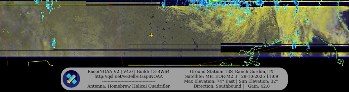 KB5ZUR's tweet image. Ground Station: 13S_Ranch Gordon, TX METEOR-M2 3 29-10-2025 10:50 CDT  Max Elev: 74° E Sun Elevation: 32° Gain: 42.0 | Southbound

#NOAA #NOAA15 #NOAA18 #NOAA19 #MeteorM2_3 #MeteorM2_4 #weather #weathersats #APT #LRPT #wxtoimg #MeteorDemod #rtlsdr #gpredict #raspberrypi #RN2 #ISS