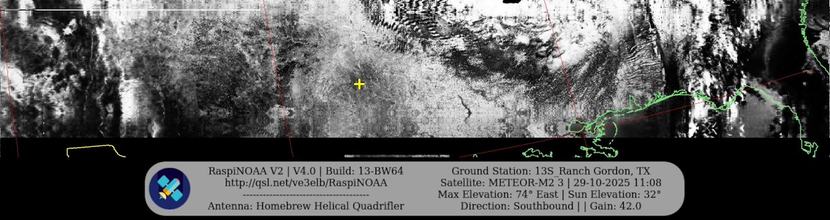 KB5ZUR's tweet image. Ground Station: 13S_Ranch Gordon, TX METEOR-M2 3 29-10-2025 10:50 CDT  Max Elev: 74° E Sun Elevation: 32° Gain: 42.0 | Southbound

#NOAA #NOAA15 #NOAA18 #NOAA19 #MeteorM2_3 #MeteorM2_4 #weather #weathersats #APT #LRPT #wxtoimg #MeteorDemod #rtlsdr #gpredict #raspberrypi #RN2 #ISS
