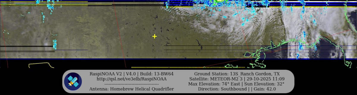 KB5ZUR's tweet image. Ground Station: 13S_Ranch Gordon, TX METEOR-M2 3 29-10-2025 10:50 CDT  Max Elev: 74° E Sun Elevation: 32° Gain: 42.0 | Southbound

#NOAA #NOAA15 #NOAA18 #NOAA19 #MeteorM2_3 #MeteorM2_4 #weather #weathersats #APT #LRPT #wxtoimg #MeteorDemod #rtlsdr #gpredict #raspberrypi #RN2 #ISS