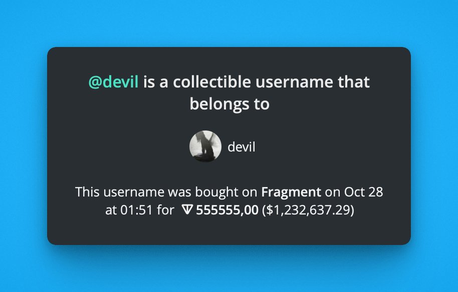 "devil" handle on Telegram was sold for 1.2MM usd - prob the highest ever, wild