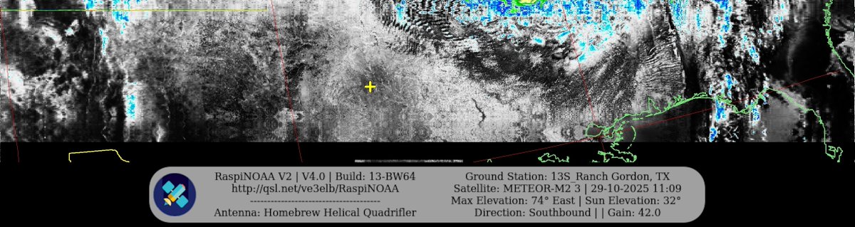 KB5ZUR's tweet image. Ground Station: 13S_Ranch Gordon, TX METEOR-M2 3 29-10-2025 10:50 CDT  Max Elev: 74° E Sun Elevation: 32° Gain: 42.0 | Southbound

#NOAA #NOAA15 #NOAA18 #NOAA19 #MeteorM2_3 #MeteorM2_4 #weather #weathersats #APT #LRPT #wxtoimg #MeteorDemod #rtlsdr #gpredict #raspberrypi #RN2 #ISS