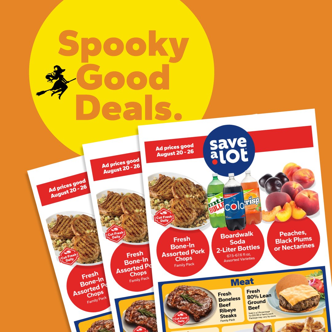 SaveALot's tweet image. Our new weekly ad just dropped—and it&apos;s packed with treats, no tricks! 🕸️🎃 Hurry in, these deals are scary good. 👻 bit.ly/41WA667

#SpookySavings #WeeklyAd #NoTricksJustDeals #HalloweenShopping