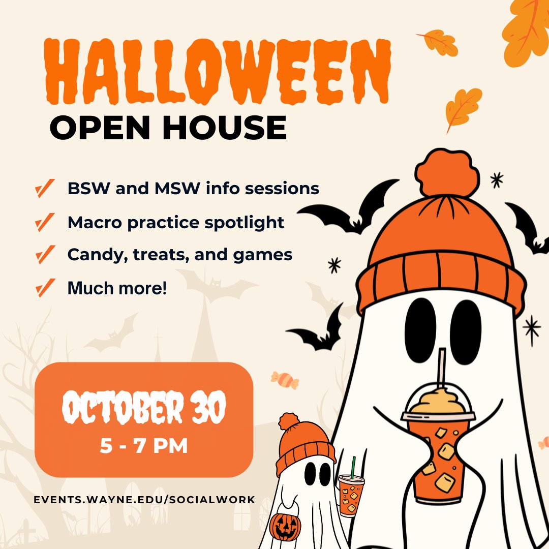 🎃 Tomorrow! Join us from 5–7 PM for our first-ever Social Work Halloween Open House 👻 Meet faculty, explore our programs, enjoy games, snacks &amp; candy 🍬 Current &amp; prospective BSW/MSW students welcome (bring up to 2 guests!) 👉 bit.ly/45Wz38R
 #WayneState #SocialWork