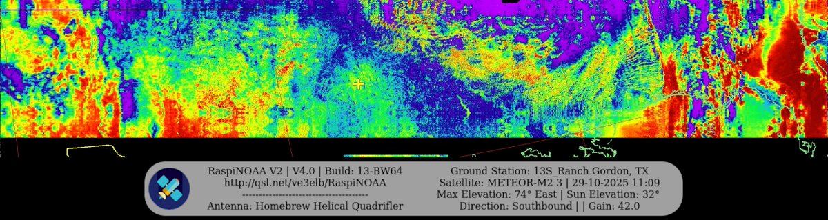 KB5ZUR's tweet image. Ground Station: 13S_Ranch Gordon, TX METEOR-M2 3 29-10-2025 10:50 CDT  Max Elev: 74° E Sun Elevation: 32° Gain: 42.0 | Southbound

#NOAA #NOAA15 #NOAA18 #NOAA19 #MeteorM2_3 #MeteorM2_4 #weather #weathersats #APT #LRPT #wxtoimg #MeteorDemod #rtlsdr #gpredict #raspberrypi #RN2 #ISS
