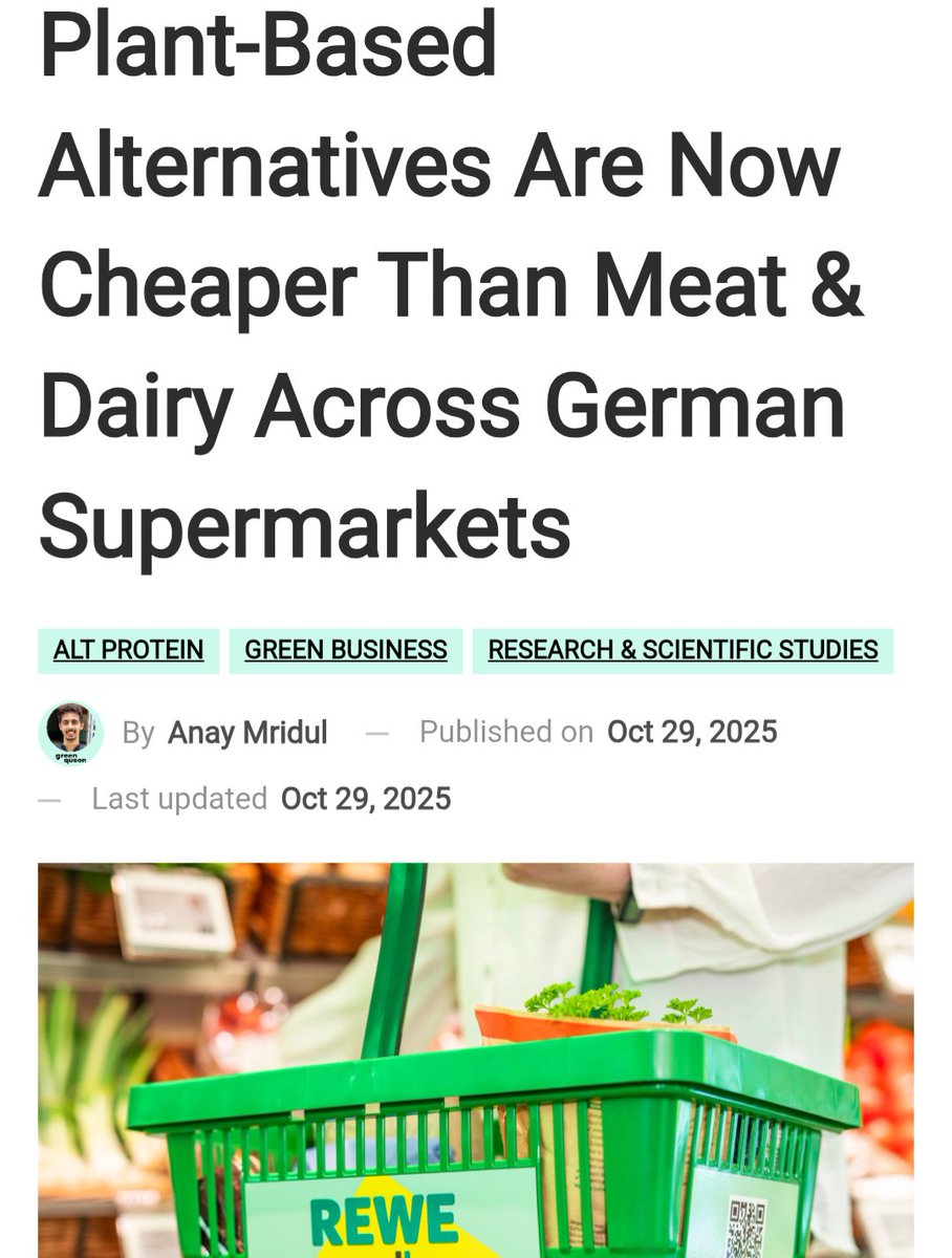 In Germany, A Vegan Shopping Basket Is Now 5% More Affordable Than One With Meat, Dairy And Seafood,

Reversing A Trend That Has Long Plagued The Adoption Of Plant-Based Alternatives.

Source: Green Queen 🌱