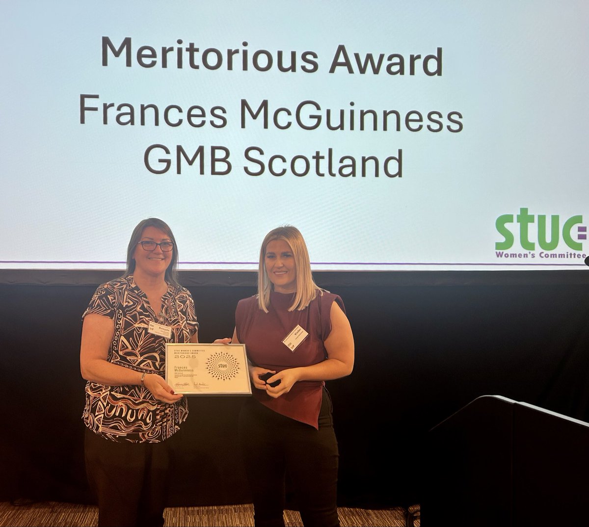 STUCwomen's tweet photo. Congratulations to Frances McGuinness of @GMBScotOrg, a worthy winner of the STUC Women’s Committee Meritorious Award for her powerful campaign securing free period products across her workplace. A brilliant example of union action driving equality. #STUCwomen25 https://t.co/AVCZWmUoDw