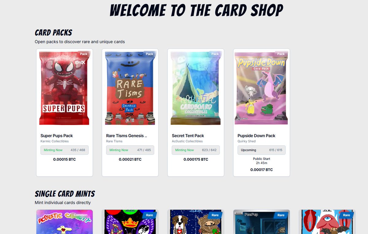 New Pack Rip going live in ~2.5 hours by <a href="/Nairobi00000/">Nairobi 🌙✨</a>!

Pupside Down
-21 unique cards
-615 total pack rips
-0.00017 BTC rip price

What will YOU pull? ord-x.com/cardshop