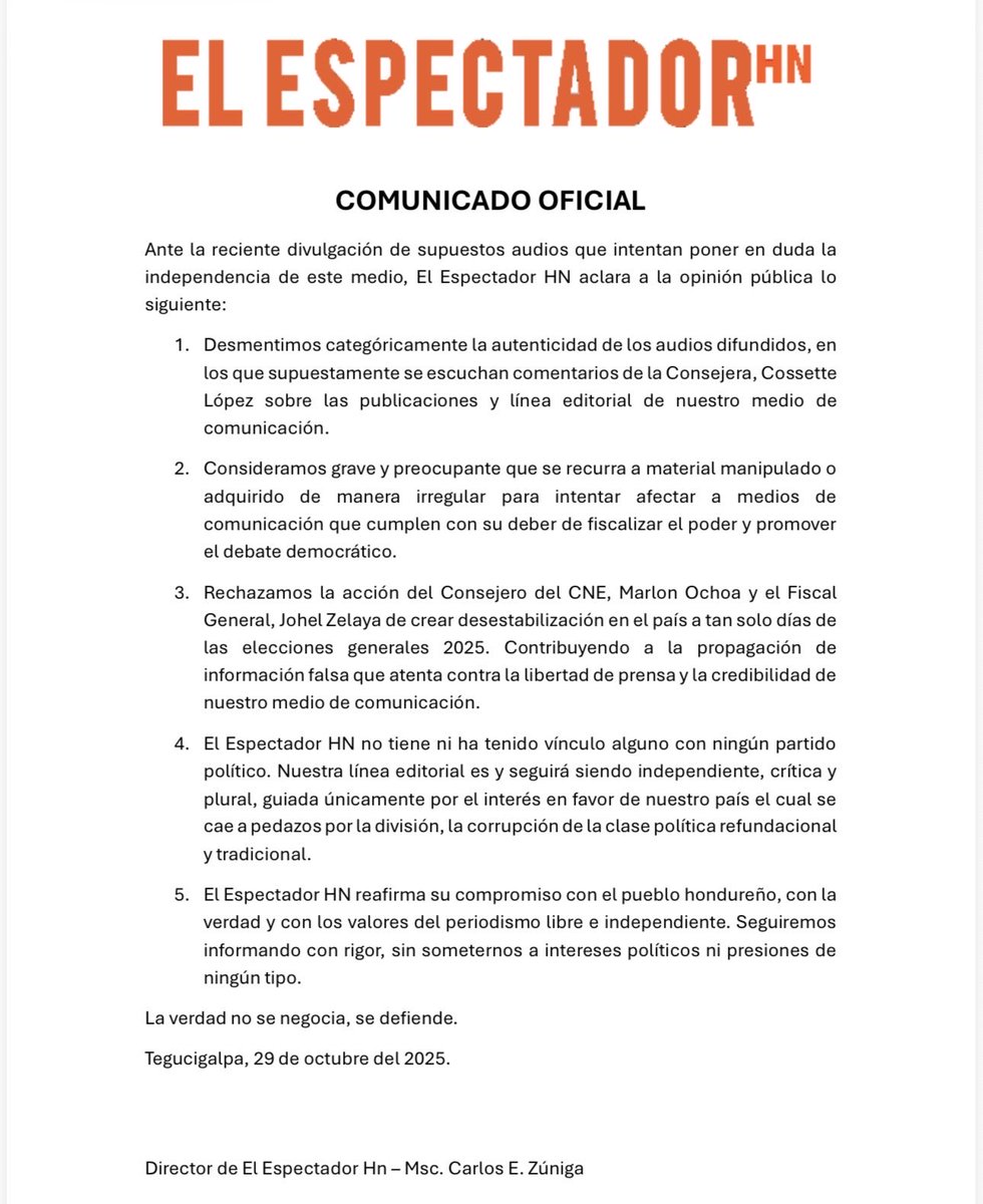 COMUNICADO OFICIAL DE EL ESPECTADOR HN ANTE AUDIOS PRESENTADOS POR EL FISCAL GENERAL, JOHEL ZELAYA.