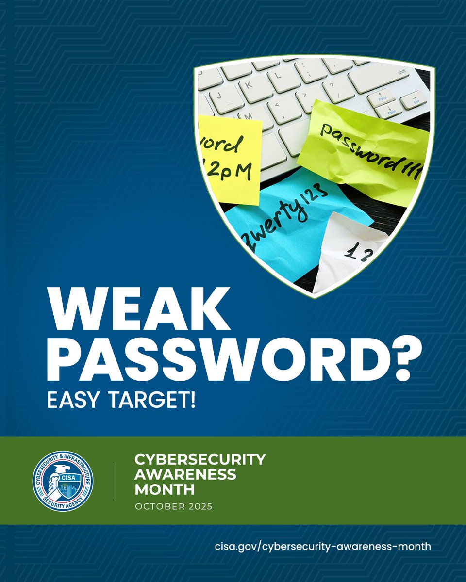 CSUDHIT's tweet image. AI tools can guess weak passwords in seconds. 

💪 Make your password strong.
🔑 Use passphrases: “TacosOnTuesdayAreFire”
🔄 Don’t reuse old passwords
🔐 Turn on MFA (multi-factor authentication)

🛑 These stop 90%+ of attacks before they start! 

#CybersecurityAwarenessMonth