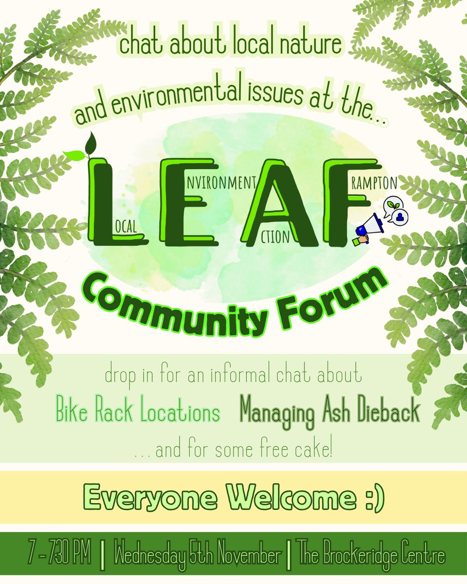 LEAF Community Forum 🍃
📆 Date: 05/11/25 - tonight!
⏰ Time: 7PM
📌 Location: The Brockeridge Centre, BS36 2LQ.

Discussing bike rack locations &amp; managing ash dieback.

🍰 Free cake - everyone welcome!

#FCPC #FramptonCotterell #Nature #Climate #Environment #Community
