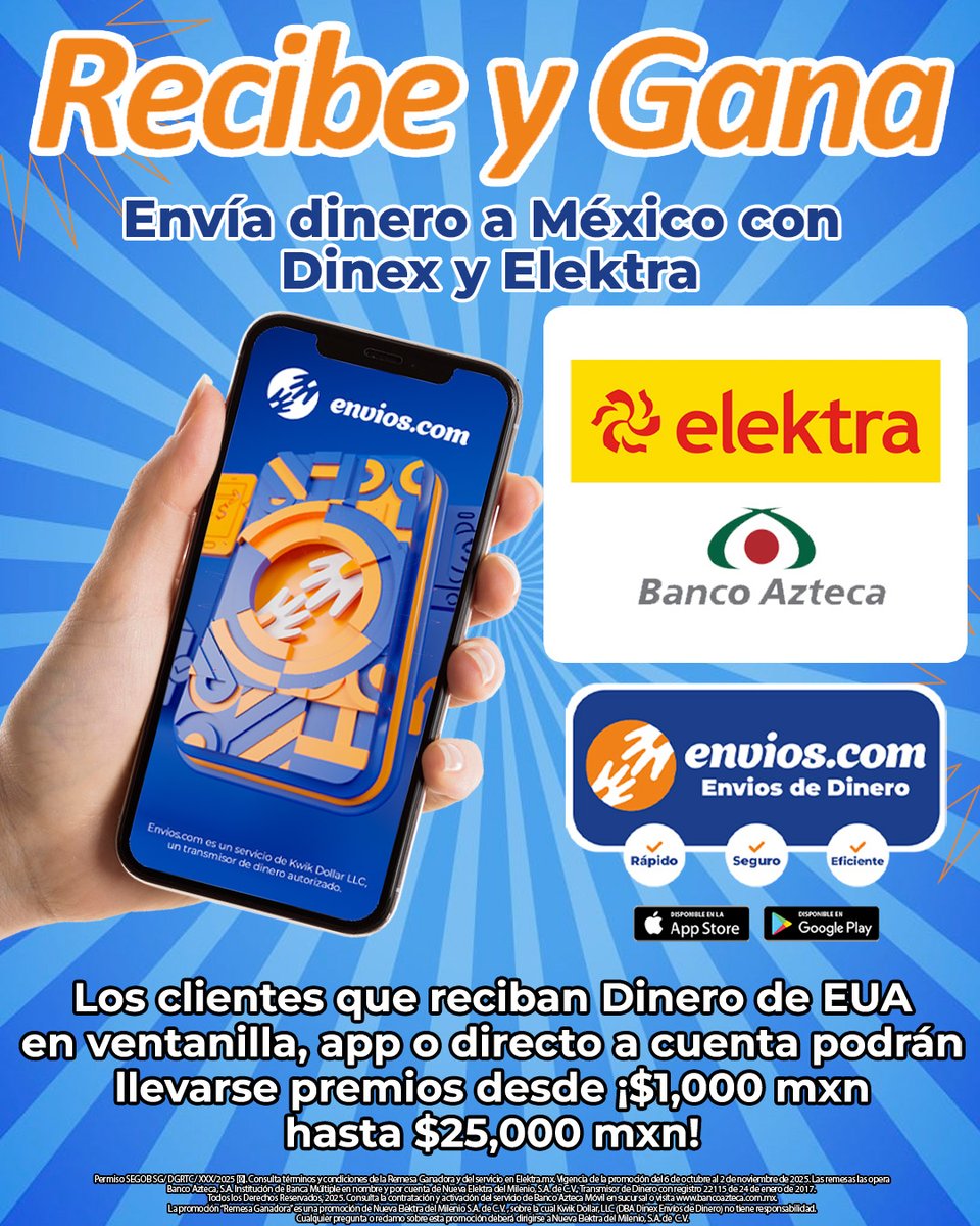 Envía dinero ¡Desde tu Celular! con #Dinex #Elektra y #BancoAzteca a #México y ¡Aprovecha ésta promoción! 📷

Descarga la app 📷📷
envios.com/open

#Remesas #remesasfamiliares #RemesaGanadora

*Aplican términos y condiciones según Elektra. Válido sólo en México.
