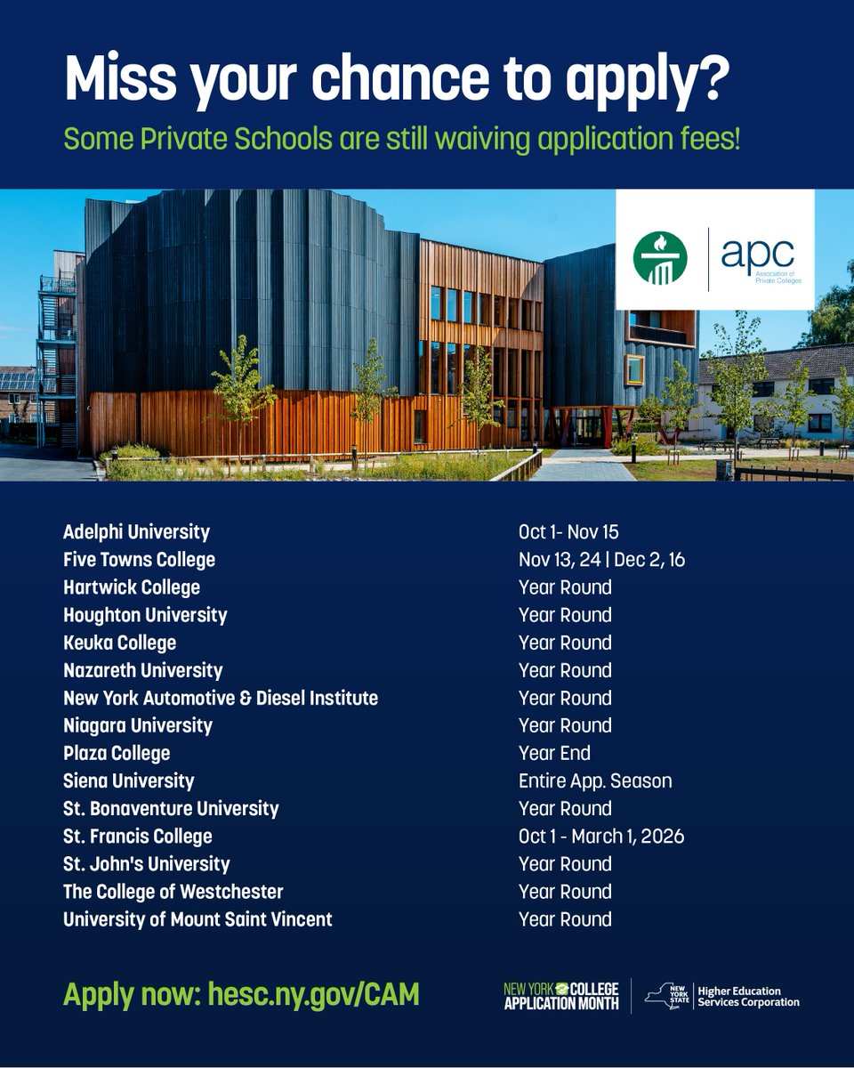 Miss out on applying to private colleges in New York for free? Well, some colleges are still waiving applications. Be sure to take advantage of this opportunity. With applications ranging from $50-$90 you can save a significant amount of money.

Apply now: hesc.ny.gov/CAM