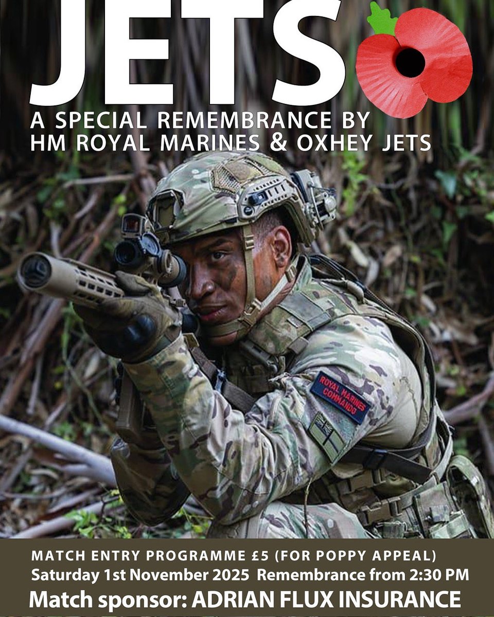 ThreeRiversDC's tweet photo. This Saturday, 1 November, @oxheyjetsfc  are proud to host HM Royal Marines for their annual Remembrance Match, honouring Tom Lake, Tom Sawyer, and our nation’s fallen heroes.

🎶 Band music from 2pm
💂‍♂️ All proceeds go to the Poppy Appeal

Let’s make it a record crowd this year! https://t.co/CjJptBRq68