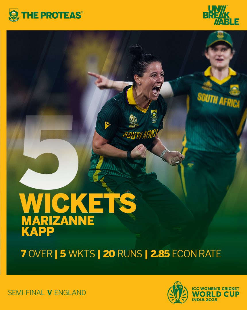 A player made for the big occasion! 💥 

Marizanne Kapp steps up and produces a devastating spell that dismantled England Women’s batting order! ✨️⚡️ 

An unforgettable performance in a massive semi-final! 👏🇿🇦 

#Unbreakable #CWC25
