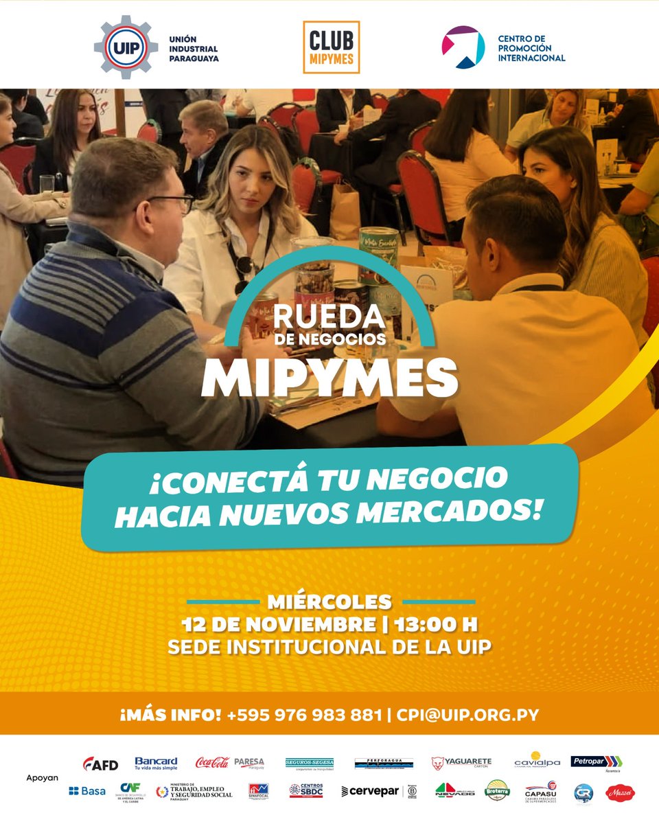 UIP_py's tweet image. 🚀 ¡Tu próxima gran oportunidad de negocios está acá!
📅 Miércoles 12 de noviembre – 13:00 h
📍 Sede de la UIP
🤝🏻Inscripción para compradores: ruedamipymesuip2025.koyag.com/signinups/form… 
🙌🏻Inscripción para mipymes industriales: ruedamipymesuip2025.koyag.com/signinups/form…
#UIP #ClubMipymes #RuedaDeNegocios
