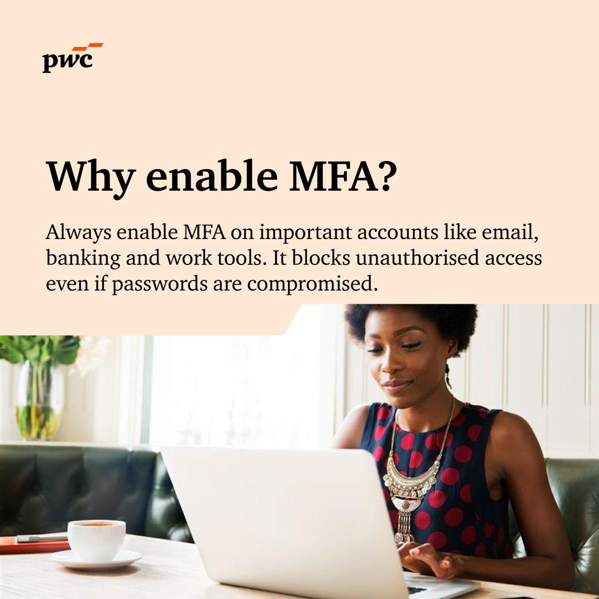 PwCGhana's tweet photo. 💻Passwords alone aren’t enough!
Enable Multi-Factor Authentication (MFA) everywhere possible for stronger protection. Your accounts deserve the best defense.
#CybersecurityAwareness #EnableMFA #ProtectYourData #StaySafeOnline https://t.co/Pt75HenOyL