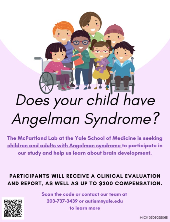 YaleCSC's tweet image. The McPartland Lab is seeking children and adults with Angelman syndrome to participate in our study and help us learn about brain development. Participants will receive a clinical evaluation, report, and up to $200. Scan the code, call 203-737-3439, or email autism@yale.edu.