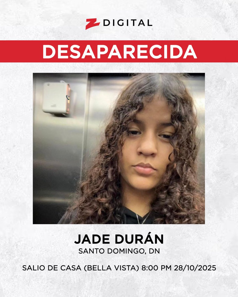 Se encuentra desaparecida Jade Durán. Fue vista por última vez ayer, 28 de octubre, en Bella Vista, alrededor de las 8:00 p.m.

Llevaba ropa completamente negra y su cabello rizado.

Si la ves o tienes información sobre su paradero, por favor contacta a sus familiares al