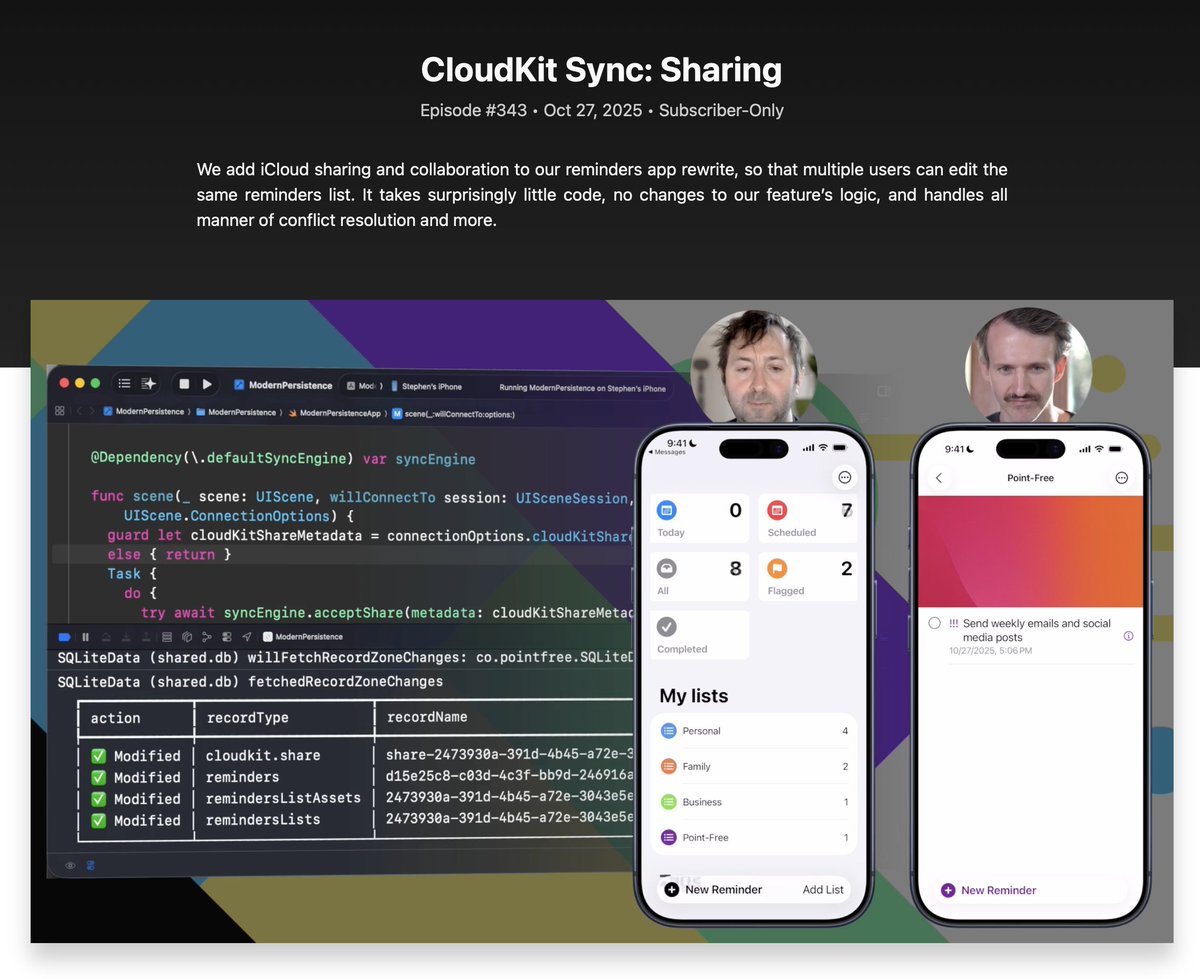 This episode is special! We demystify a powerful feature of CloudKit, sharing records amongst many iCloud users, and implement it from scratch in just a few lines of code. And we walk through many edge cases to be aware of along the way.

See it all here: pointfree.co/episodes/ep343…