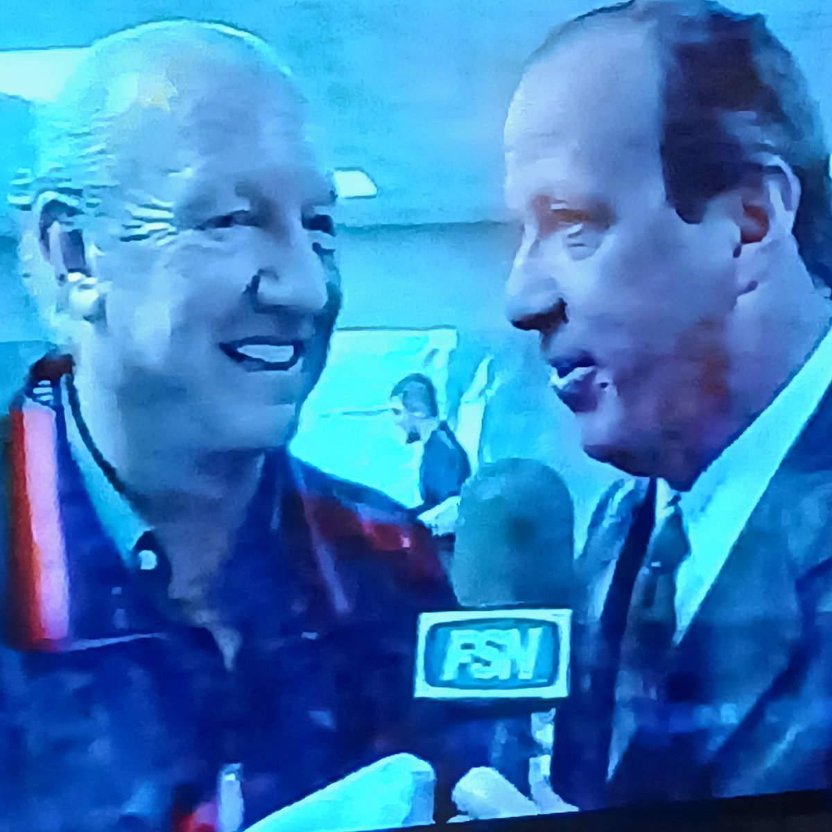 Al Kaline chatting in the clubhouse with <a href="/JohnKeatingTV/">John Keating</a>, after the Tigers clinched in 2006 after a 19-year playoff drought.