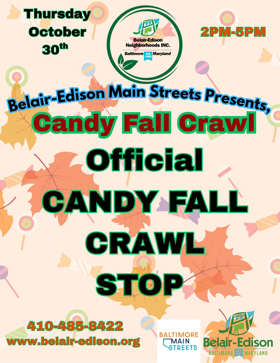 Join us tomorrow for our Main Street Candy Fall Crawl! Thursday 30th from 2PM-5PM. You'll start at our office  (3545 Belair Rd Baltimore MD 21213) to start the journey, we'll give your child their goodie bag and then the crawl starts! We have goodies for the adults too! Cya There