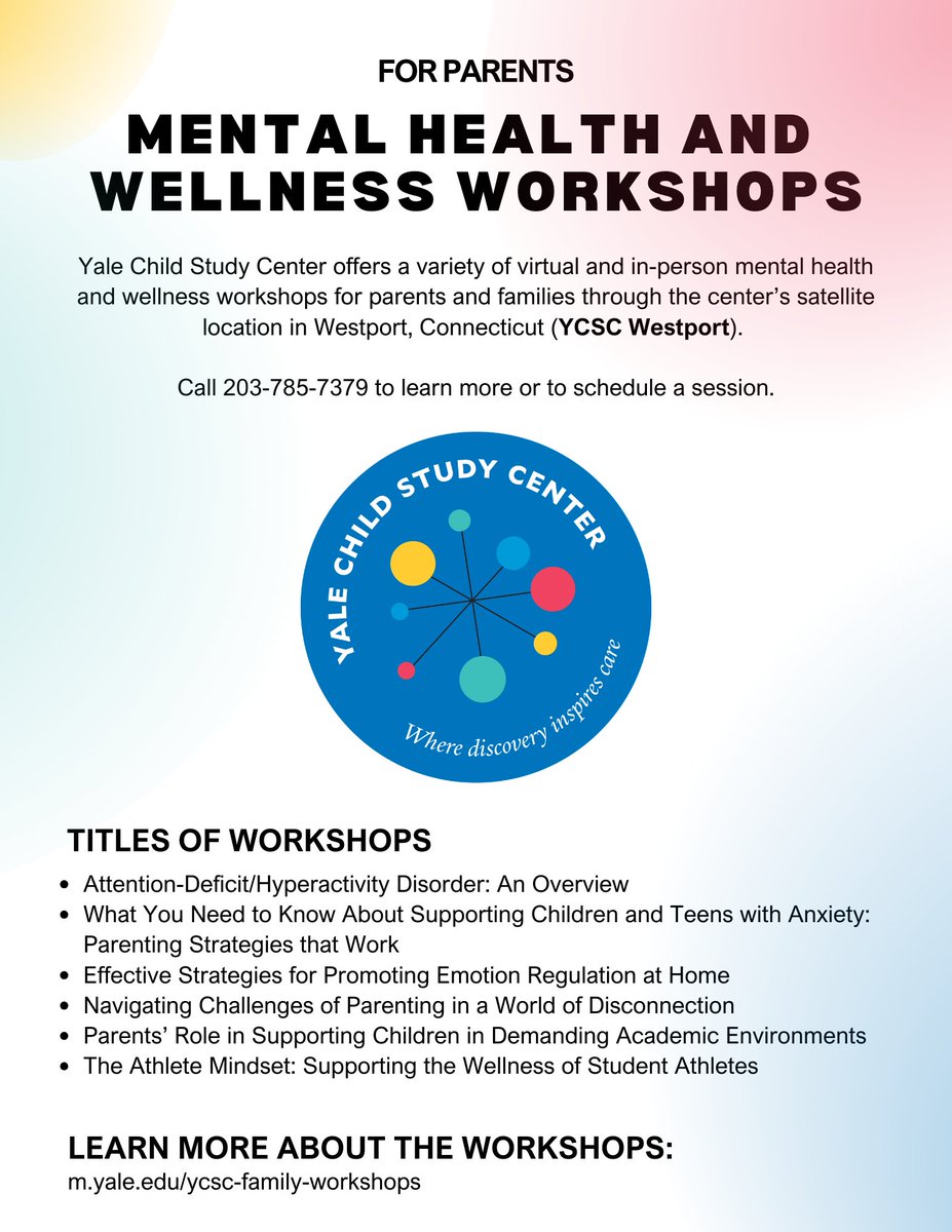 YaleCSC's tweet image. YCSC offers a variety of virtual and in-person mental health and wellness workshops for families through the center’s satellite location in Westport, Connecticut (YCSC Westport). Presentations can be adapted based on the needs of the setting. Learn more at:m.yale.edu/ycsc-family-wo…