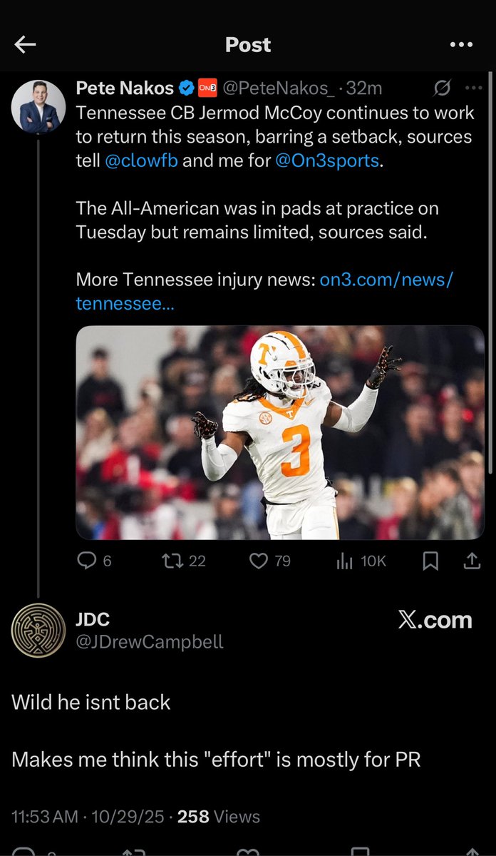 zachTNT's tweet photo. This narrative around Jermod McCoy is insanely stupid. So stupid. He’s almost 10 months out from a torn ACL. He is NOT behind schedule. Not even close to it. https://t.co/RIH2LN9xks