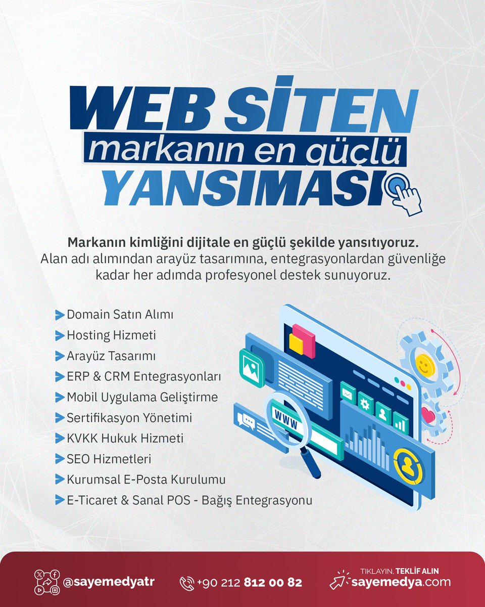 🔑 Anahtar Teslim Web Sitesi!

🖥️ İnternetteki en büyük varlığınız web siteniz için, gerekli olan tüm kalemleri en baştan en sona biz hallediyoruz.

🎯 Her anlamda profesyonelce tasarlanmış bir web sitesi ile, markanızı hemen büyütmeye başlayın: sayemedya.com