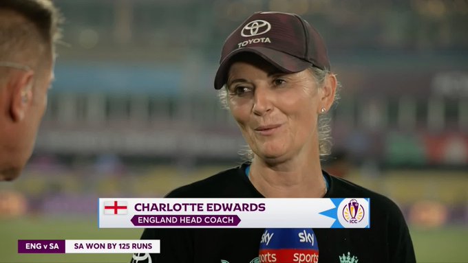 England head coach Charlotte Edwards reacts to England's World Cup semi-final defeat to South Africa 💭