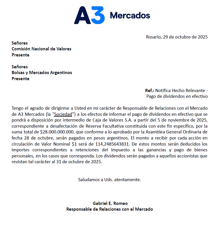 #A3 
Pago de dividendos
Monto a pagar: $114,2486 por acción
Fecha de pago: 5/11
Fecha ex: 31/10
DY (cotización actual): 3,5%