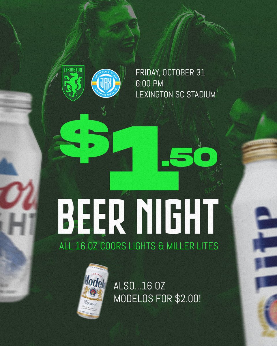 🎃 Halloween + $1.50 Beers 🍺

Come enjoy Lexington's ultimate Halloween pregame when we take on <a href="/sporting_jax/">Sporting JAX</a> this Friday night...discount brews all night long!

🍺 Coors Light - $1.50
🍺 Miller Lite - $1.50
🍺 Modelo - $2.00

🎟️👉 bit.ly/47etfYP

#LexGo | #PoweredByHER