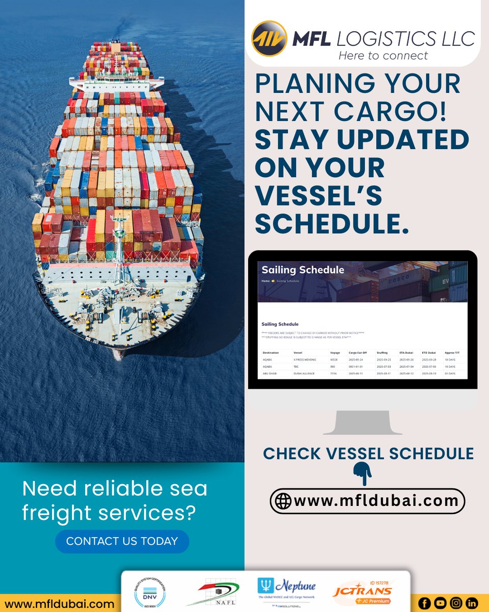 MFLDubai's tweet image. Need reliable sea freight services ?
MFL Logistics keeps you in the loop with real-time vessel schedules to ensure your cargo reaches its destination on time.

#SeaCargo #ShippingSchedule #LogisticsServices #MFLLogistics #MumbaiLogistics #mfldubai #DubaiFreight