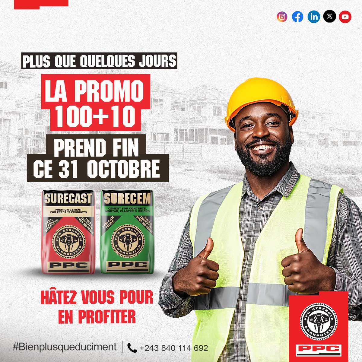 Plus que quelques jours !

La promo 100+10 prend fin le 31 octobre.
100 sacs achetés = 10 sacs offerts

Ne ratez pas cette dernière chance de bâtir plus, pour moins.
📞 +243 840 114 692

#PPCBarnet #Promo100plus10 #BienPlusQueDuCiment #RDC