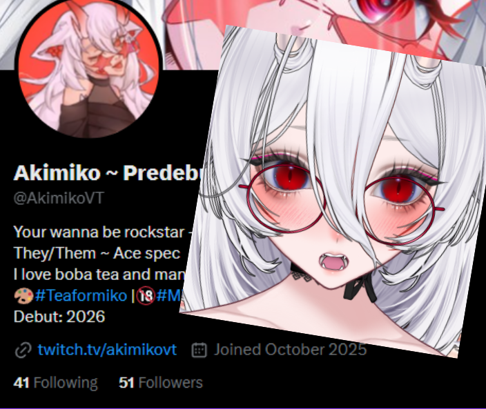 AkimikoVT's tweet image. OH MY GOD! I blinked and suddenly i'm at 51 followers! Thank you so much guys. I promise i'll prepare as much as I can for my debut next year!!