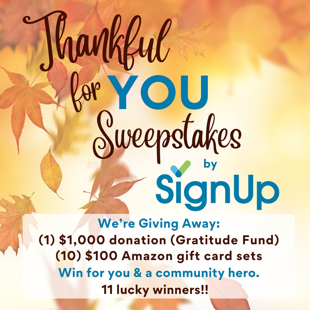 signupdotcom's tweet image. 💛 Enter SignUp's Thankful for You #Sweepstakes for a chance to #WIN a $1k donation to your fave US school or nonprofit OR a $100 Amazon gift cards set for you &amp;amp; a hero!
Details &amp;amp; Entry 👉app.viralsweep.com/sweeps/full/c6…
Rules: signup.com/thanksgiving-s…
#Giveaway2025 #Sweepstakes #Giveaways