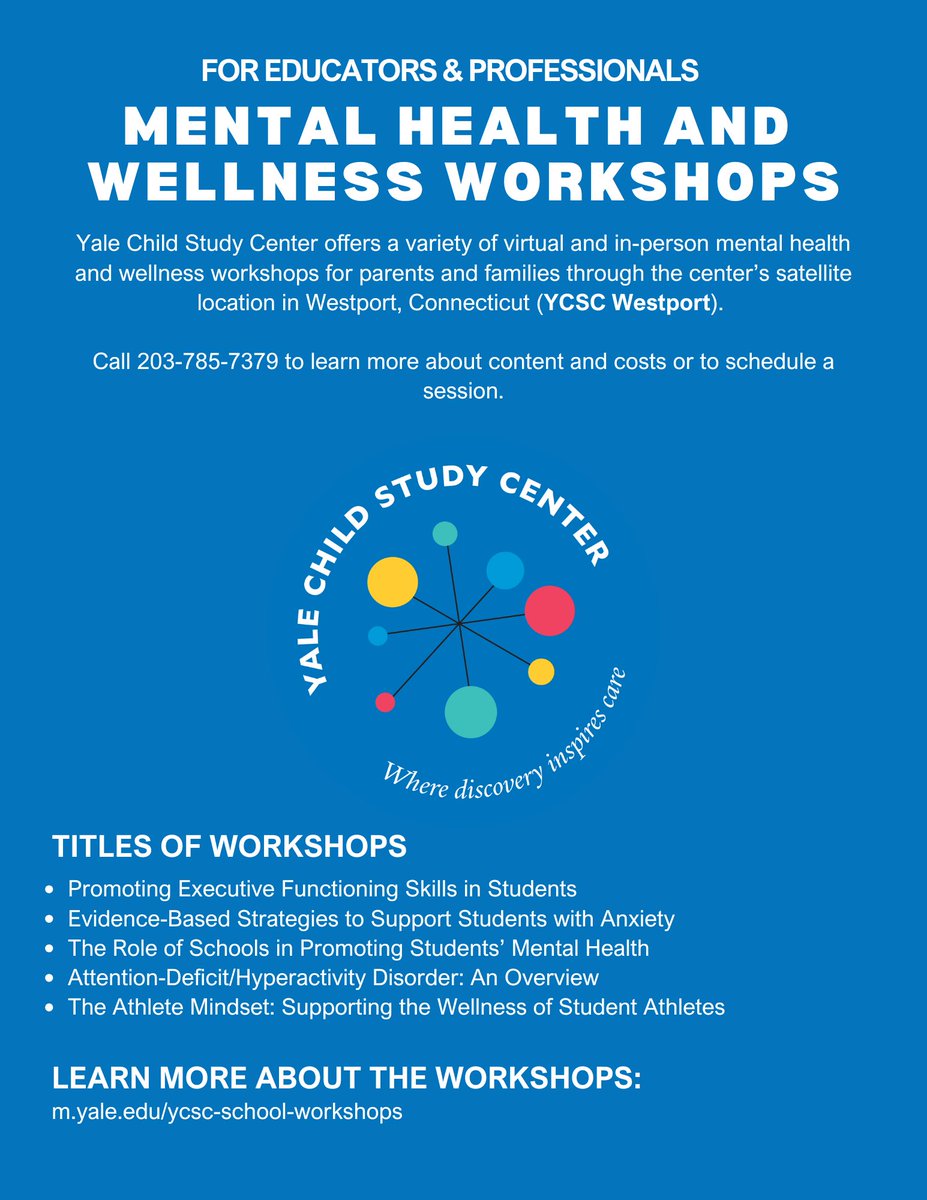 YaleCSC's tweet image. YCSC offers a variety of virtual and in-person mental health and wellness workshops for school personnel and communities through our satellite location in Westport, Connecticut (YCSC Westport). Presentations can be adapted and individualized. Learn more at:m.yale.edu/ycsc-school-wo…