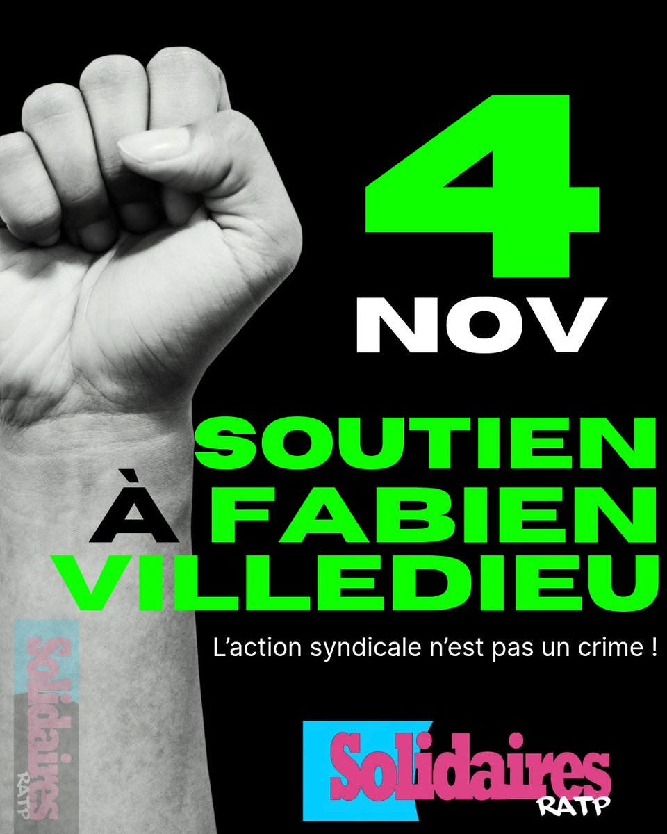 Rassemblement en soutien à Fabien VILLEDIEU, militant <a href="/Fede_SUD_Rail/">SUD-Rail Fédération ⏚</a>, le 4 novembre à 9h devant le Commissariat du 12ème arrondissement.
L’action syndicale n’est pas un crime !
