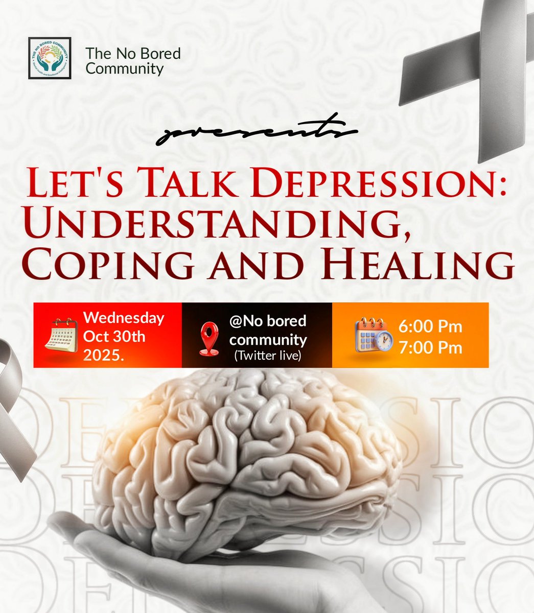 noboredcomunity's tweet image. Set a reminder for our upcoming Space!
 x.com/i/spaces/1OdKr…

Let’s Talk Depression 😔: Understanding 👨‍⚕️, Coping 🍎 &amp;amp; Healing ❤️🏥

Thursday, 30 October 2025: 6pm - 7pm

See you there! ❤️🍎👨‍⚕️🏥🚑

Share across your social media to help and invite somebody 🙏❤️