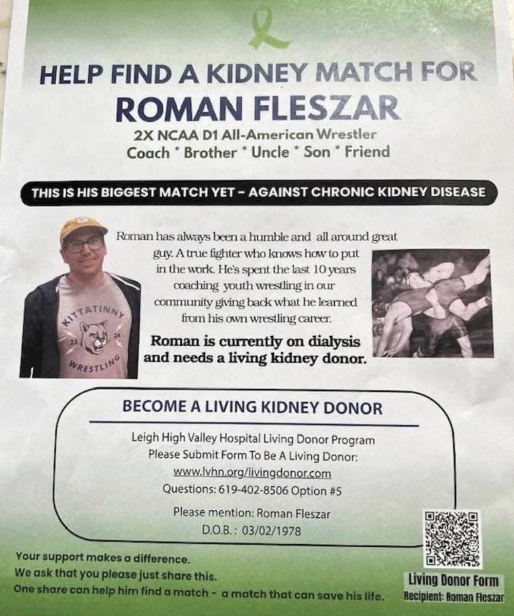 🩸 A Brother in Need — Help Find a Kidney Donor for Roman Fleszar!

The wrestling community has always been built on grit, loyalty, and brotherhood — and one of our own now needs us more than ever.

Roman Fleszar, a name etched in New Jersey and collegiate wrestling history, is