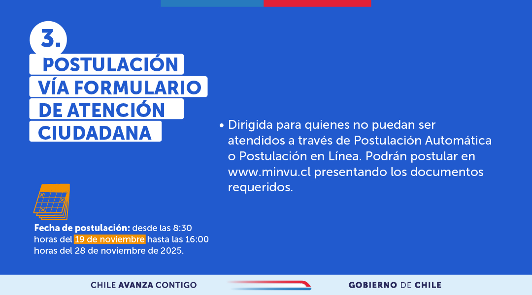 📝 ¡Anota las fechas! 

👉 Desde el 18 al 28 de noviembre se reciben postulaciones para el subsidio Sectores Medios (DS1), para acceder a viviendas de un valor máximo de 2.200 UF en zona regular, y hasta 2.600 UF en regiones de la zona norte y extremo sur del país.