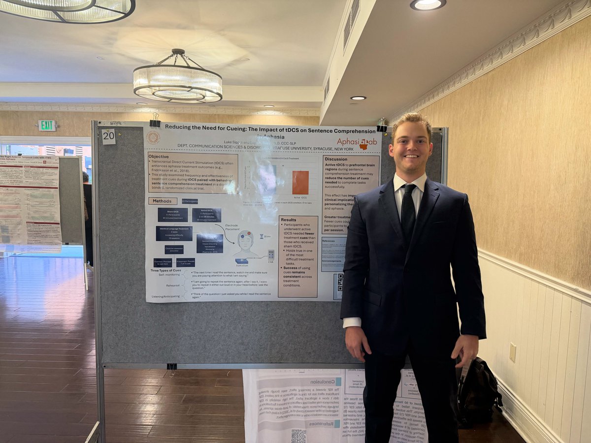AphasiaLabSU's tweet image. Dr. Riley and undergrad Aphasia Lab student, Luke, are presenting at the Academy of Aphasia Conference in San Diego, CA this week.  The study is entitled &quot;Reducing the Need for Cueing: The Impact of tDCS on Sentence Comprehension in Aphasia.&quot;