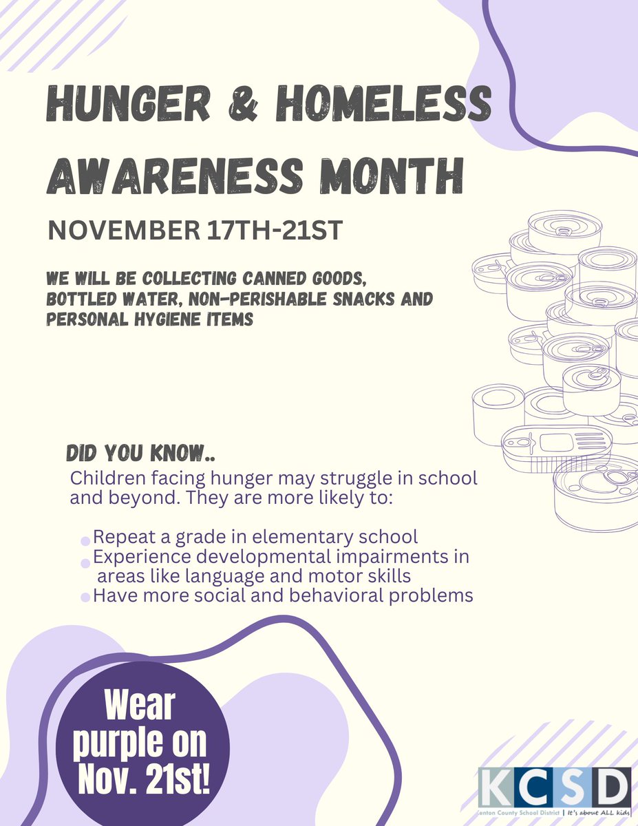Help support hunger and homeless awareness month! Wear purple on 11/21 and donate to our food drive starting 11/17!  #WildcatPRIDE  #FRYSC