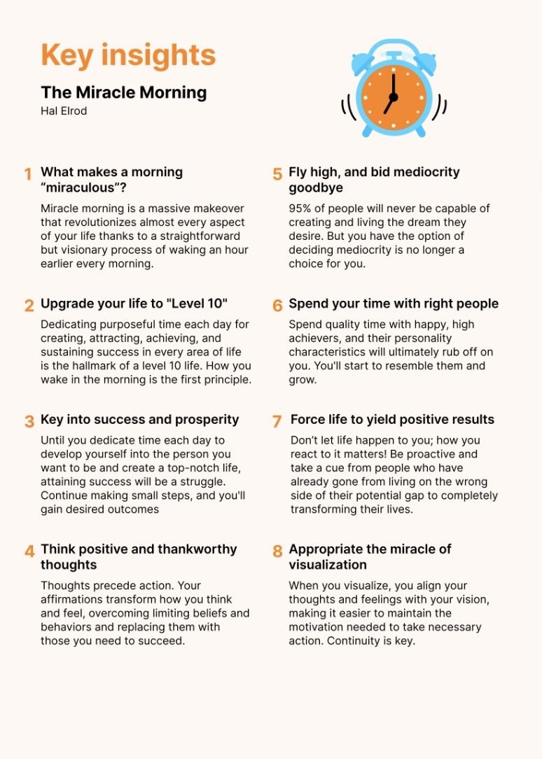 BookBriefsHQ's tweet photo. 📘 The Miracle Morning: The Not-So-Obvious Secret Guaranteed to Transform Your Life (Before 8AM)
✍️ Hal Elrod
#BookSummary #KeyInsights https://t.co/6uQY8krnUg