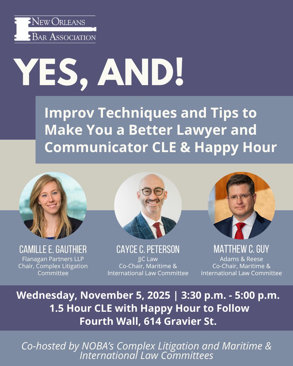 Join us on 11/5 for an improv-based training that will provide tips, tools, &amp; exercises for collaborative, creative solutions to help you be a better listener &amp; speaker: whether in Court or in communications with clients, colleagues, or opposing counsel. neworleansbar.org/yes-and